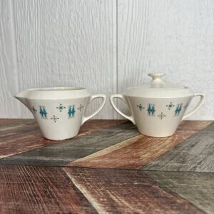 Vintage Salem North Blue Star Burst Sugar And Creamer Set Mid Century RARE